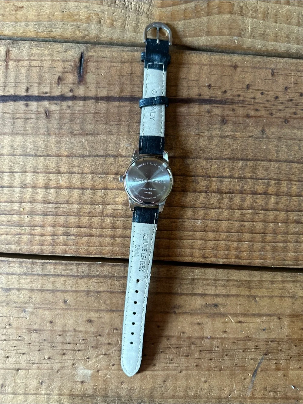Disney Mickey Mouse Silver Dial Watch with Black Leather Strap
